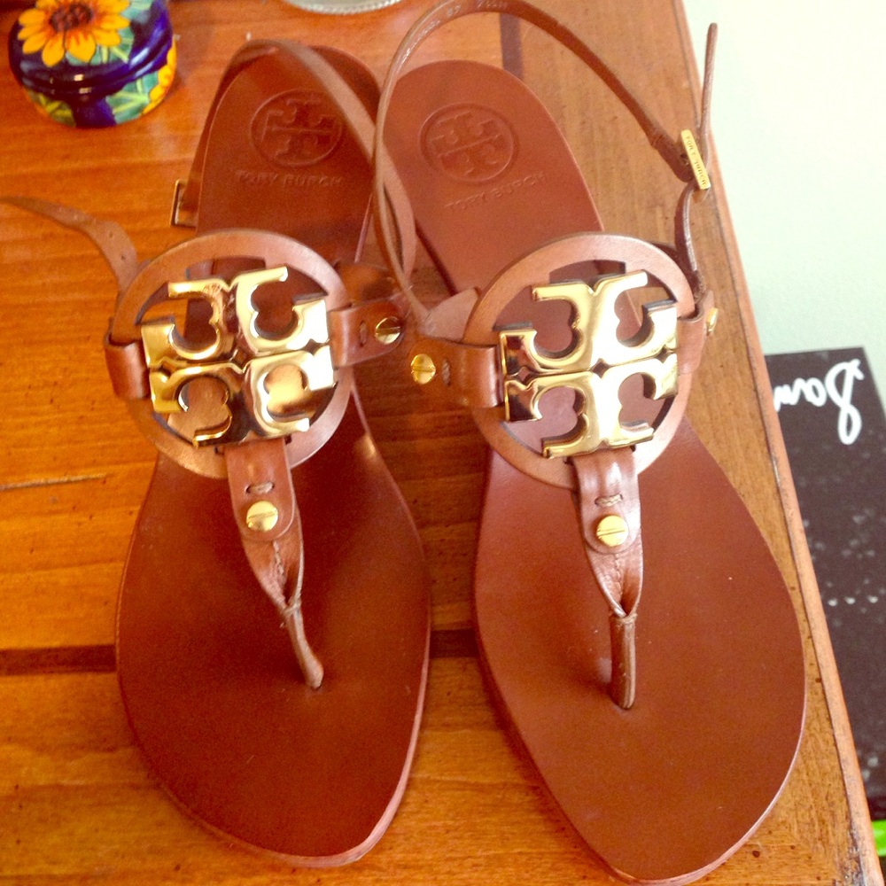 Tory Burch Brown Leather Logo Thong Sandals